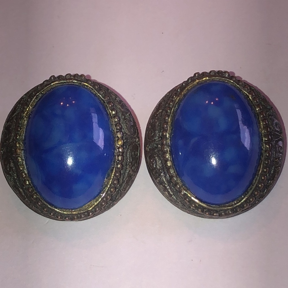Bold Blue Retro Boho Oval Dome Earrings